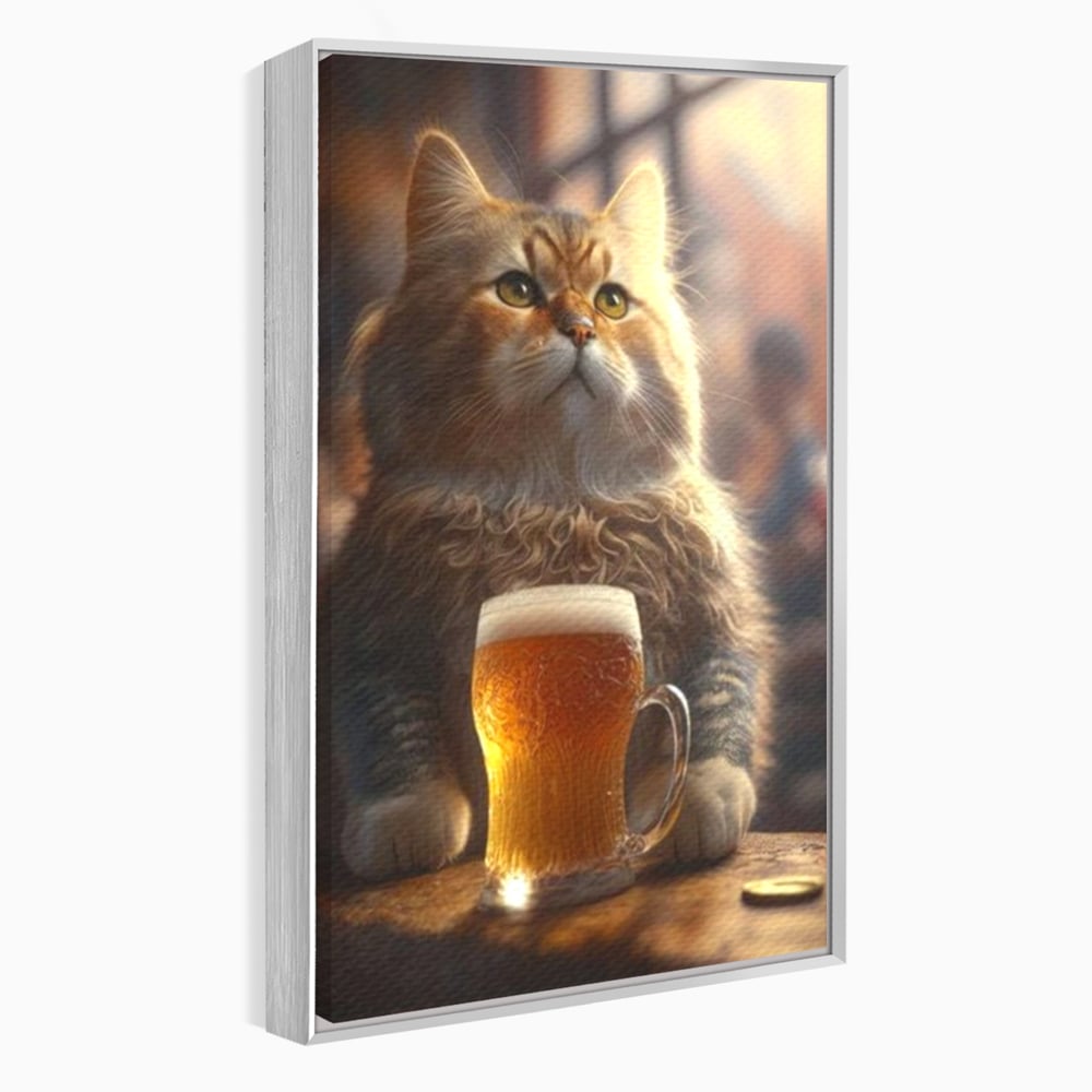 Tablou canvas cu tablou canvas cu motan pufos si halba de bere, in rama de aluminiu argintiu